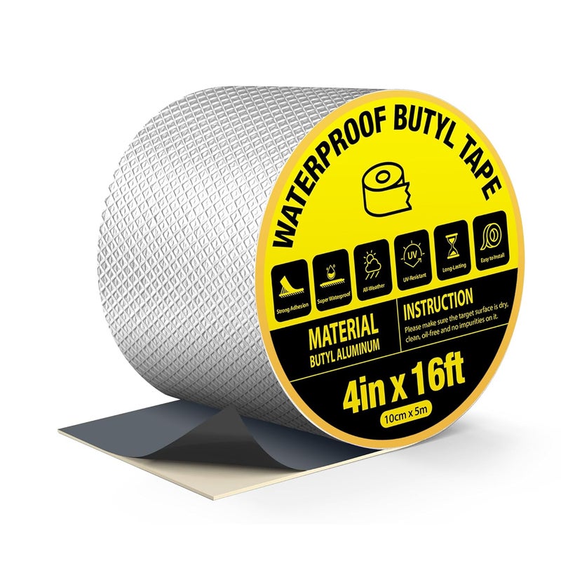 360Tronics Super Waterproof Butyl Tape 4 Inch, 4" x 16ft Super Sticky Aluminum Foil Tape Leakproof Sealant Tape for Metal Roofing, RV Roof Repair, Gutter Leak, Boat, Pipe, Window & Glass Sealing - Image 1
